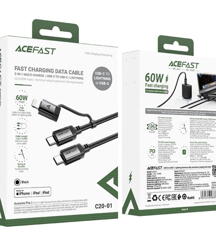 Acefast C20-01 MFI USB-C to USB-C / Lightning Aluminium Alloy 60W Charging Data Cable